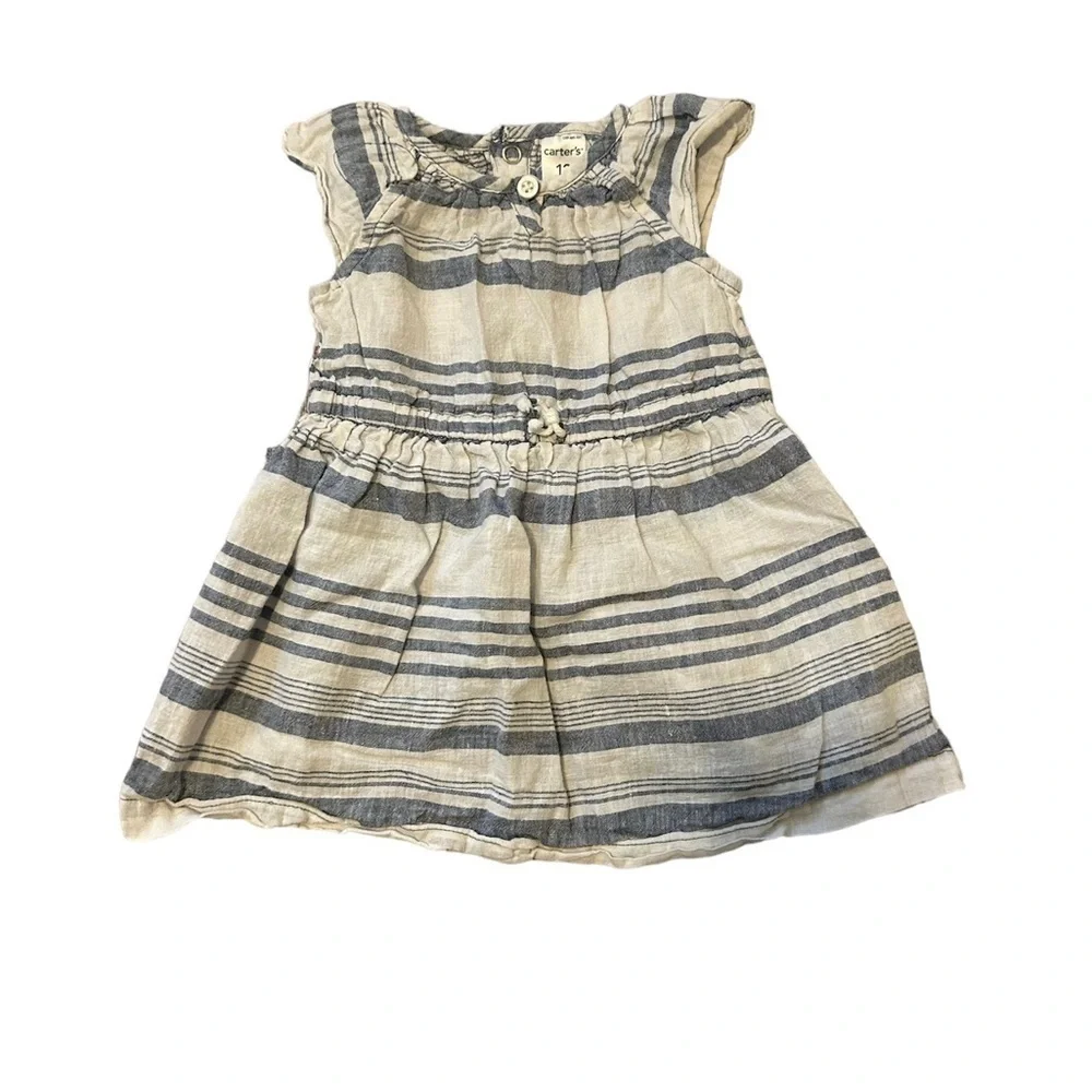 Carters cream and navy linen striped dress size 12 months